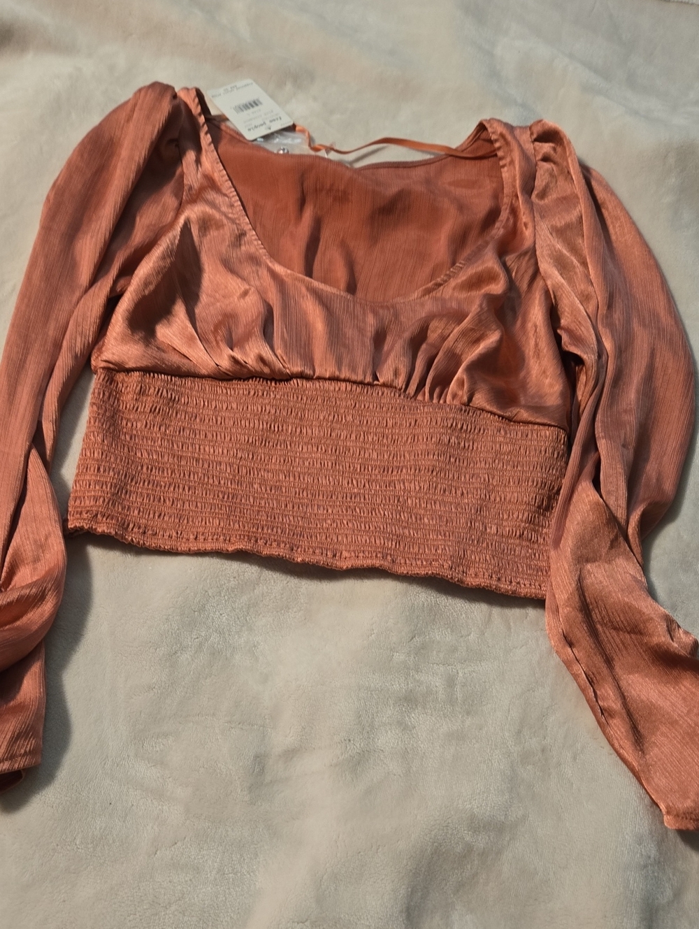Free People Satin-Like Rust Smocked Crop Top